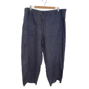 Eileen Fisher Pants 1X Blue Organic Linen Wide Leg Cropped Trousers EUC
